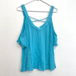 VENUS Strappy Detail V-Neck Top Turquoise Blue Cold Shoulder Short Sleeve Boho